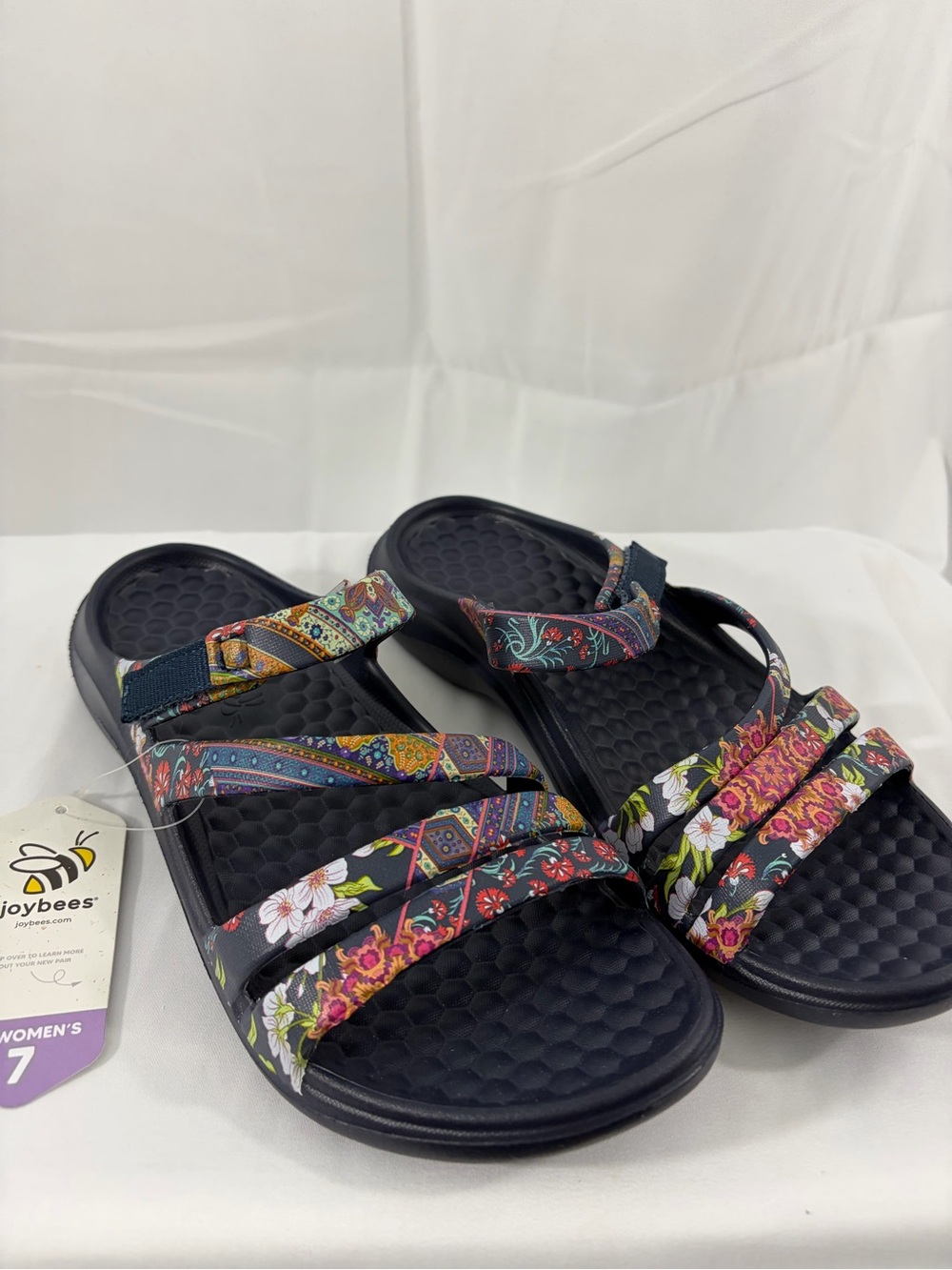 NWT Joybees Women’s 7W Blue Multicolor Patterned Slide Sandals